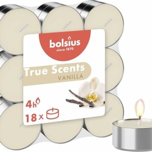 Velas de Té Bolsius True Scents – Vainilla y Algodón Fresco, Pack 18, 4 h