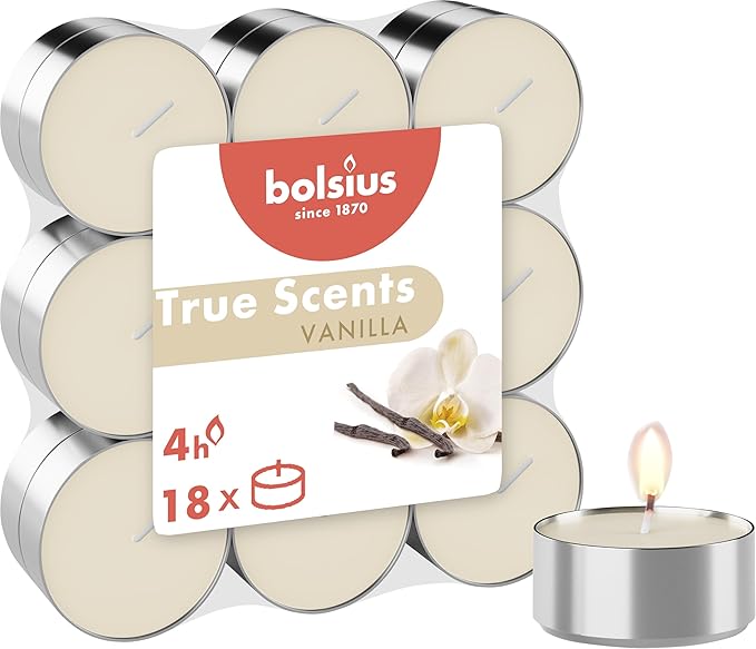 Velas de Té Bolsius True Scents – Vainilla y Algodón Fresco, Pack 18, 4 h