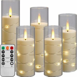 Da by Vela LED con guirnalda de luces, vela a pilas con mando a distancia y temporizador de 24 horas, vela sin llama para decoración de interiores (Blanco marfil, juego de 5)