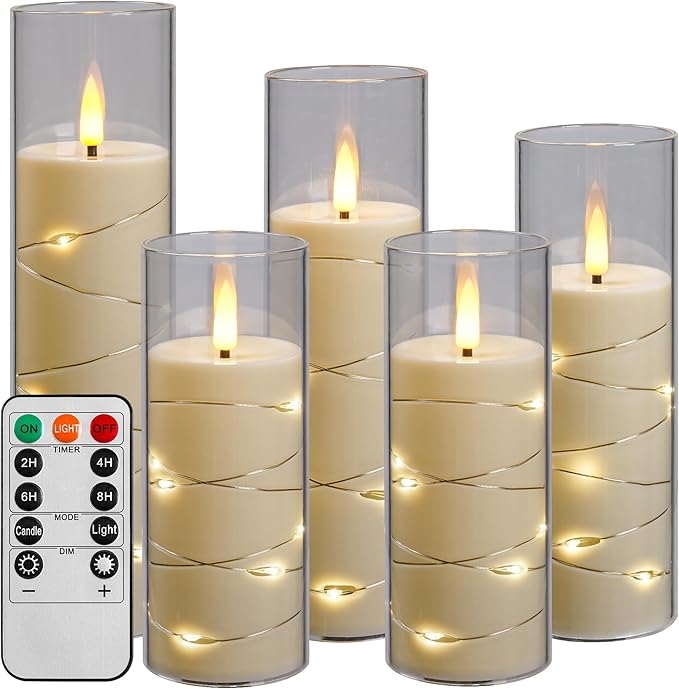 Da by Vela LED con guirnalda de luces, vela a pilas con mando a distancia y temporizador de 24 horas, vela sin llama para decoración de interiores (Blanco marfil, juego de 5)